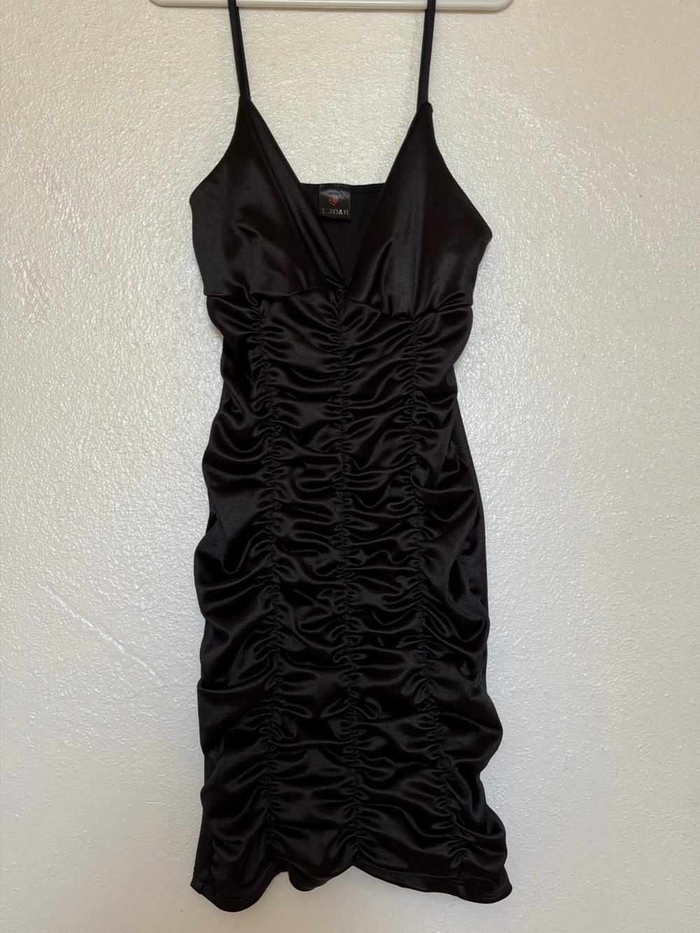Black Ruched Satin Slip Dress. Size: XS Color: black - Picture 2 of 5